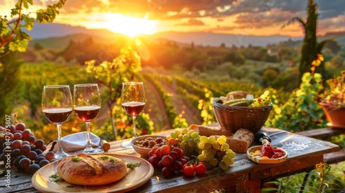 Stunning Mediterranean Vineyard Sunset with Outdoor Dinner Setting for Wine and Dine Celebration