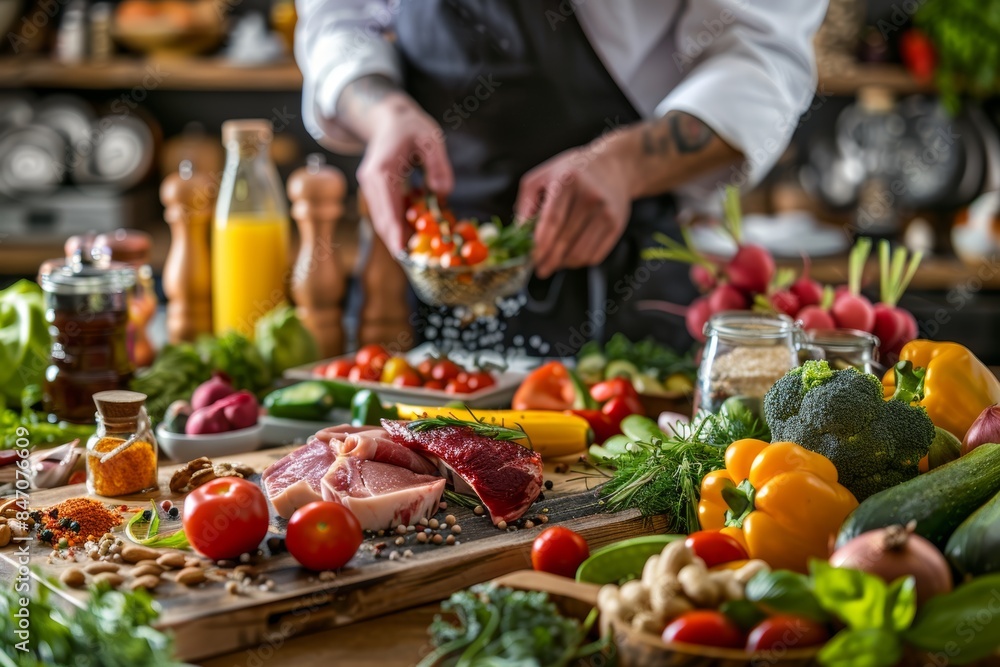 Vibrant Kitchen Scene with Fresh Vegetables, Fruits, Nuts, Lean Meats for Delicious Paleo Dish Vibrant Kitchen Scene with Fresh Vegetables, Fruits, Nuts, Lean Meats for Delicious Paleo Dish