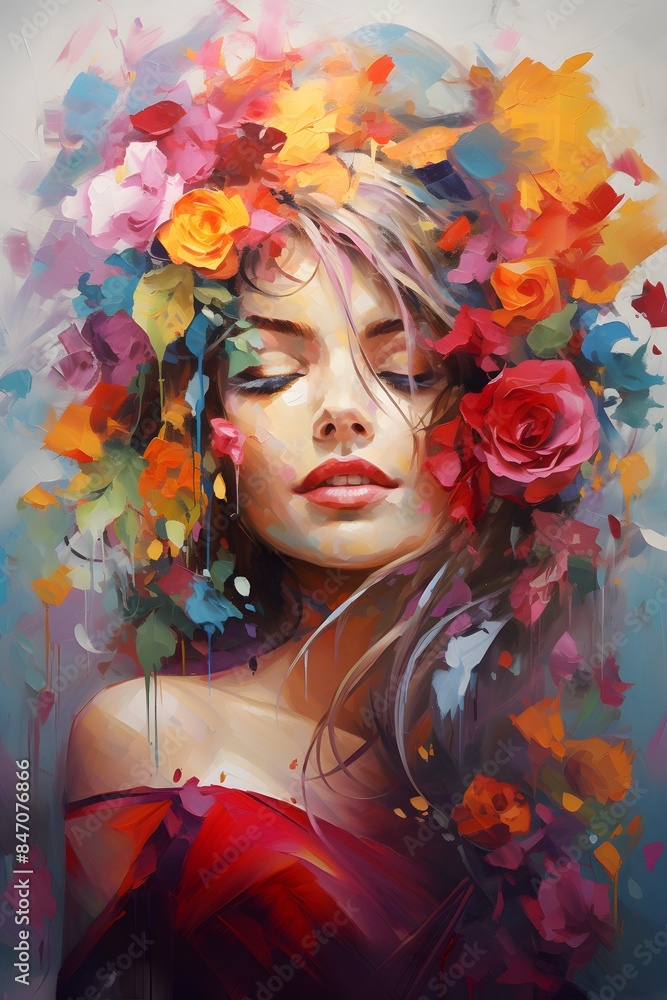 wall art abstract painting of woman with roses in bright colors generative ai wall art abstract painting of woman with roses in bright colors generative ai