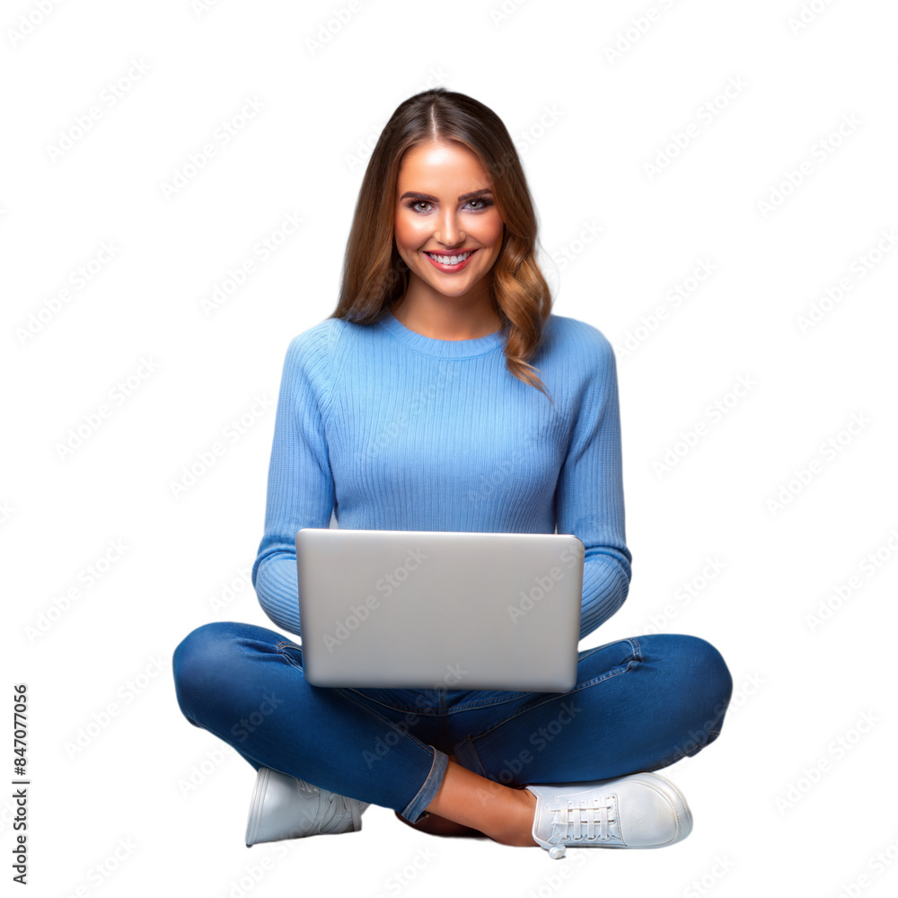 Naklejka premium Smiling woman working on laptop in casual attire on transparent background