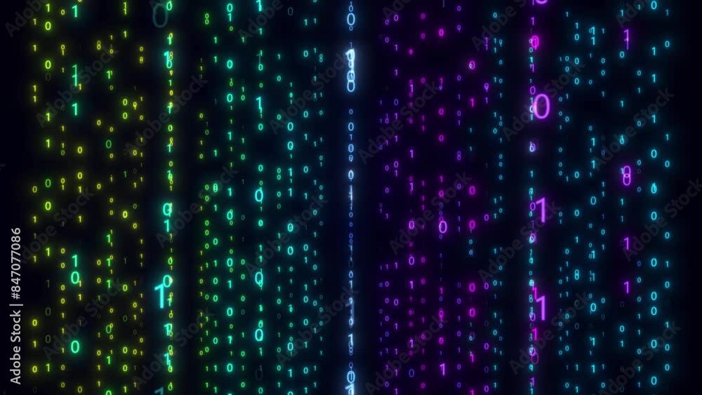 Binary Code Floating On Black Bg. Digital Binary Code Animation Computer Number Or Data Code Floating. Computer Code Matrix Number Animation And Change Randomly. Code Raining Black Background. 