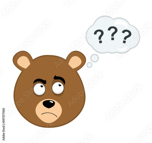 vector illustration face brown bear grizzly cartoon, with a doubtful or thinking expression and a thought cloud with question