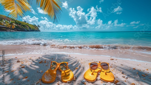 Vibrant summer background featuring a tropical beach scene with beach accessories scattered around