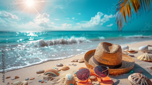 Vibrant summer background featuring a tropical beach scene with beach accessories scattered around