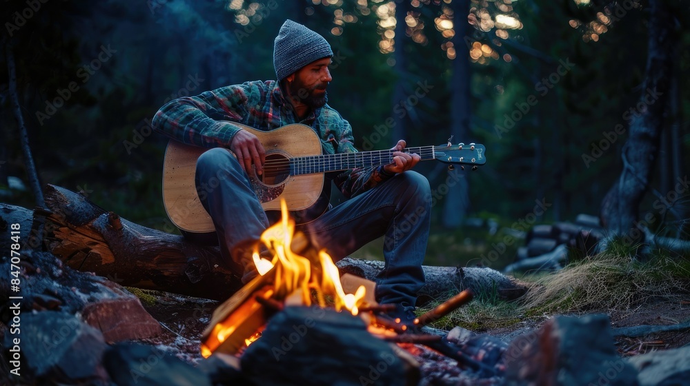 Man with a guitar by a campfire AI generated Man with a guitar by a campfire AI generated