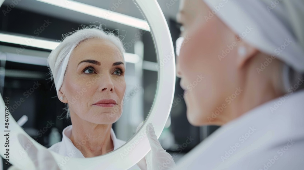 Older Woman with Smooth Forehead Reflecting in Mirror After Botox Treatment in Modern Clinic Room Older Woman with Smooth Forehead Reflecting in Mirror After Botox Treatment in Modern Clinic Room