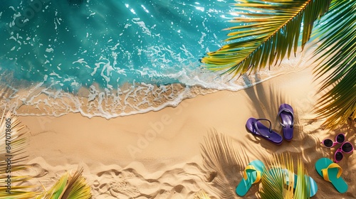 Vibrant summer background featuring a tropical beach scene with beach accessories scattered around