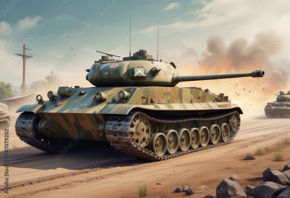 A high-resolution AI-generated photograph of a vintage military tank, showcasing its historical design and rugged details. Ideal for use in historical documentaries, educational materials, and vintage A high-resolution AI-generated photograph of a vintage military tank, showcasing its historical design and rugged details. Ideal for use in historical documentaries, educational materials, and vintage