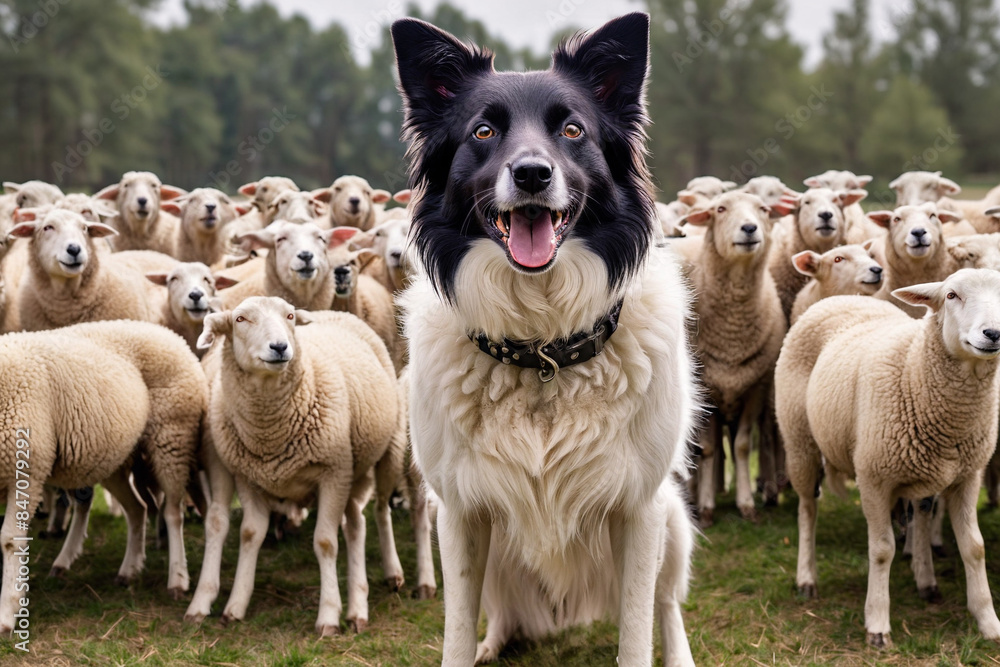 Portrait of border collie shepherd dog smiling for the camera among a flock of sheep. A cute border collie dog herding a flock of sheeps. Portrait of border collie shepherd dog smiling for the camera among a flock of sheep. A cute border collie dog herding a flock of sheeps.