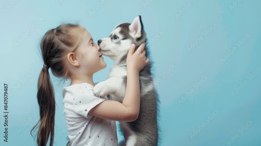 Portrait of a girl holding a Husky dog over plain background Portrait of a girl holding a Husky dog over plain background