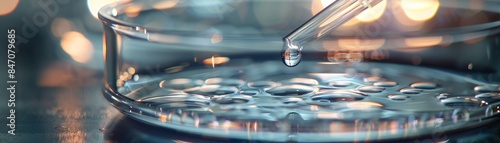 Pipette transferring liquid droplets into petri dish in biomedical research facility, AI-generated image. photo