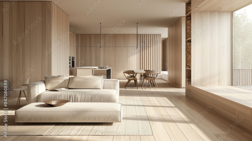 Modern Scandinavian interior with bright birchwood walls and floors for minimalist graphic presentations and magazine layouts Modern Scandinavian interior with bright birchwood walls and floors for minimalist graphic presentations and magazine layouts