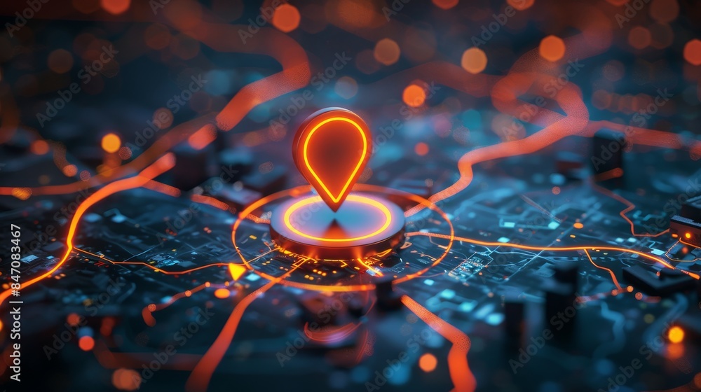 Futuristic map pin location with AI technology backdrop Futuristic map pin location with AI technology backdrop