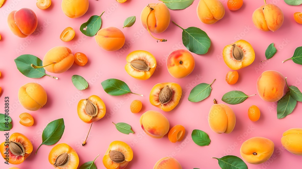 A flat lay of fresh apricots and leaves on a pink background. A flat lay of fresh apricots and leaves on a pink background.