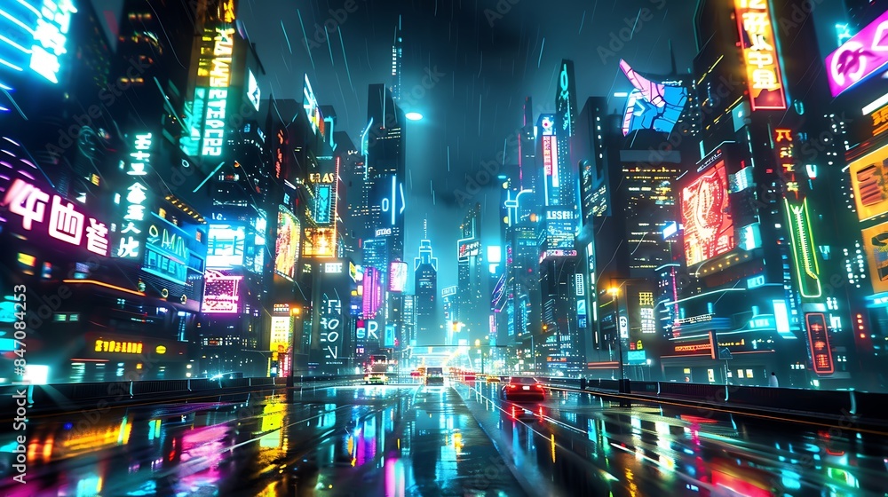 A futuristic cityscape bathed in vibrant neon light, showcasing a bustling street with glowing signs and reflecting puddles. A futuristic cityscape bathed in vibrant neon light, showcasing a bustling street with glowing signs and reflecting puddles.
