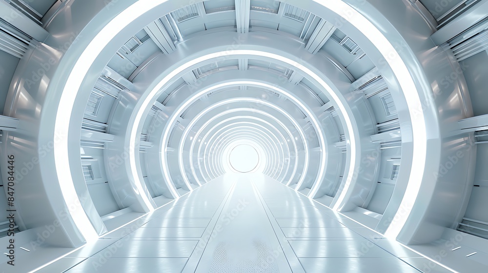 A futuristic, white, glowing tunnel with a bright light at the end. The smooth, metallic surface and sleek design evoke a sense of speed and progress. A futuristic, white, glowing tunnel with a bright light at the end. The smooth, metallic surface and sleek design evoke a sense of speed and progress.