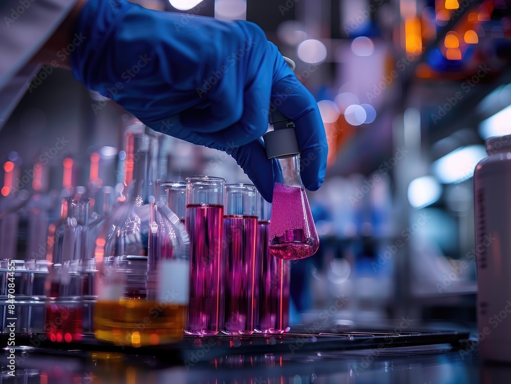 A gloved hand carefully pours a pink liquid from a flask into a test tube, surrounded by rows of other tubes and flasks filled with colorful liquids A gloved hand carefully pours a pink liquid from a flask into a test tube, surrounded by rows of other tubes and flasks filled with colorful liquids