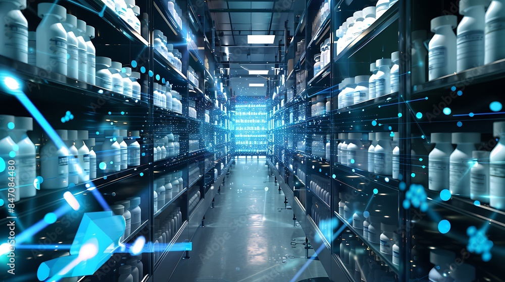 A futuristic warehouse aisle with shelves stocked with products and blue glowing lines connecting them. A futuristic warehouse aisle with shelves stocked with products and blue glowing lines connecting them.