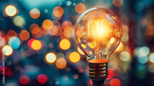 A glowing light bulb against a bokeh background, symbolizing inspiration, innovation, and new ideas.