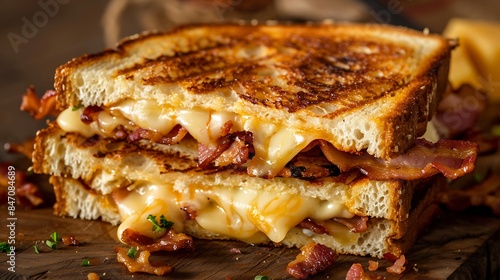 A golden brown, crispy grilled cheese sandwich with melted cheese and crispy bacon.