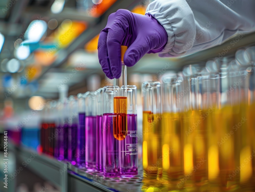A gloved hand carefully transfers liquid from a test tube to another in a laboratory setting. A gloved hand carefully transfers liquid from a test tube to another in a laboratory setting.