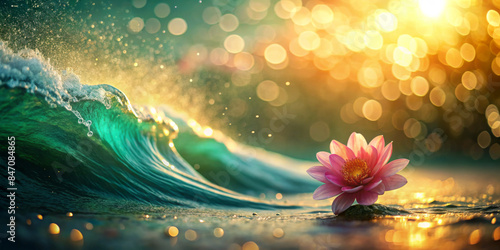 A vibrant pink lotus flower comes to the fore on the wet sand,while behind it a beautifully lit wave crests,dotted with sparkling drops caught in the sunlight.Festive concept with copy space.AI genera photo