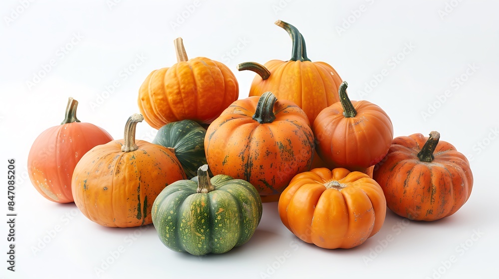 A group of small, colorful pumpkins on a white background. A group of small, colorful pumpkins on a white background.