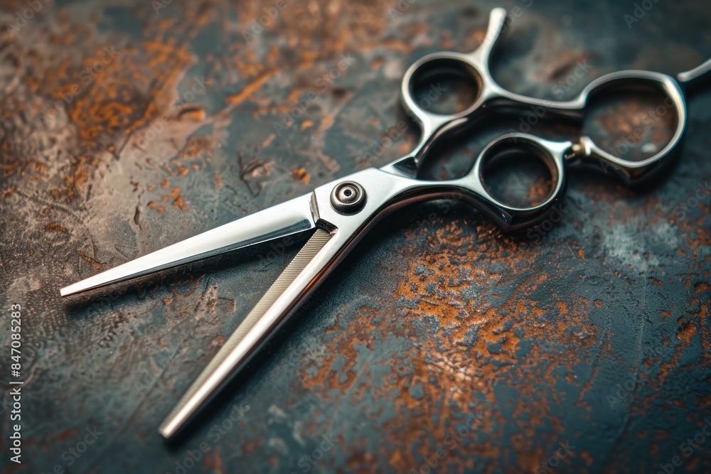 Obraz premium Pair of professional hairdressing scissors lying open on a dark textured surface