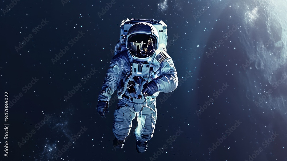 A man astronau in a spacesuit is floating in space
