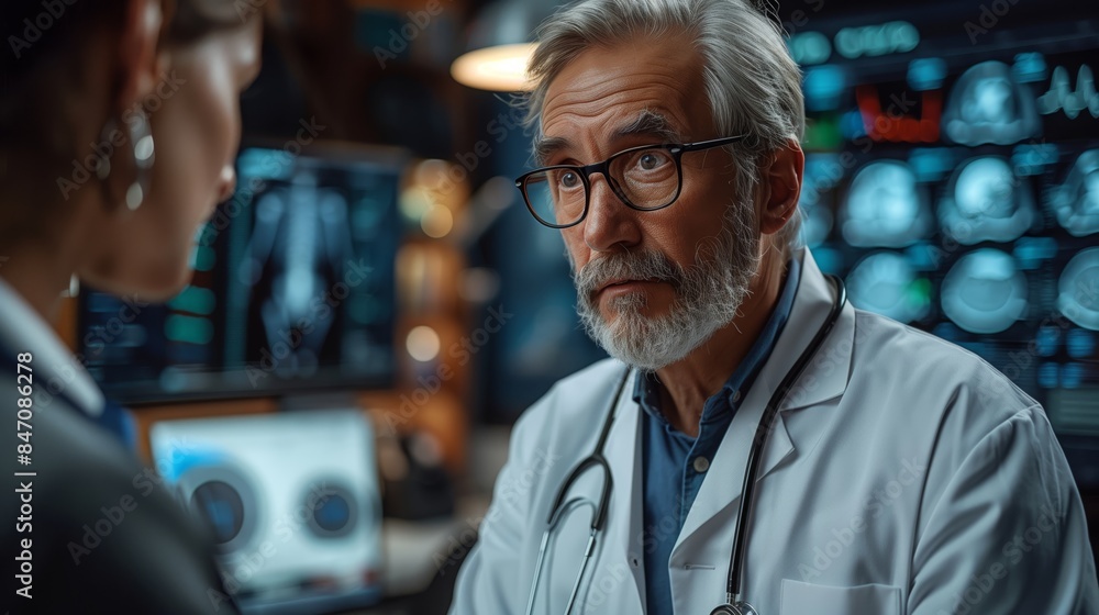 A doctor wearing a white coat and stethoscope speaks to a patient in a medical office. A doctor wearing a white coat and stethoscope speaks to a patient in a medical office.
