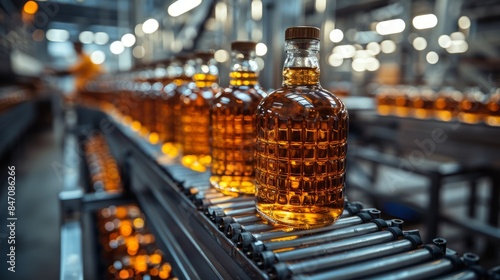 Whiskey bottles travel methodically along a conveyor, manifesting the smooth orchestration of a distillery production line at work.