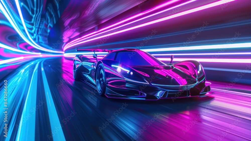Speeding electric sports car on neon tunnel. Future supercar on a tunnel with colourful lights trails. 3D rendering. AI generated Speeding electric sports car on neon tunnel. Future supercar on a tunnel with colourful lights trails. 3D rendering. AI generated