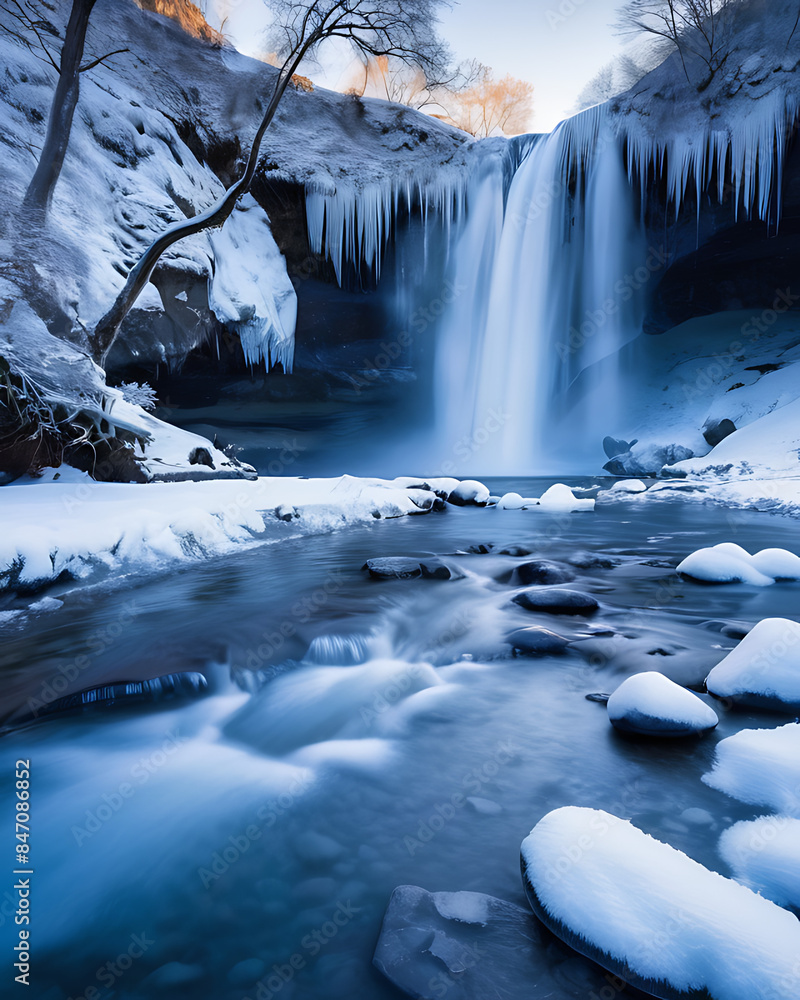 Majestic Frozen Waterfall in Winter Landscape Majestic Frozen Waterfall in Winter Landscape