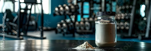A blank mockup jar of creatine monohydrate powder in a gym setting promoting sports nutrition for bodybuilding. Concept Product Photography, Fitness Supplements, Gym Scene, Bodybuilding Nutrition