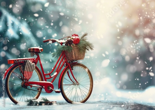 Festive Red Bicycle with Christmas Decor in Snowy Winter Wonderland © Qstock