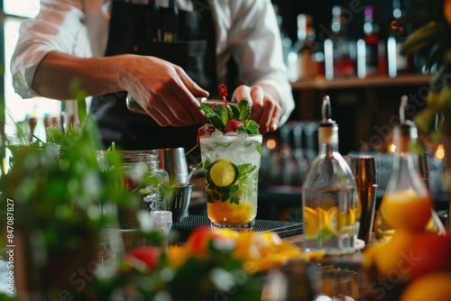 Skilled bartender adds fresh mint to a mojito at a modern cocktail bar