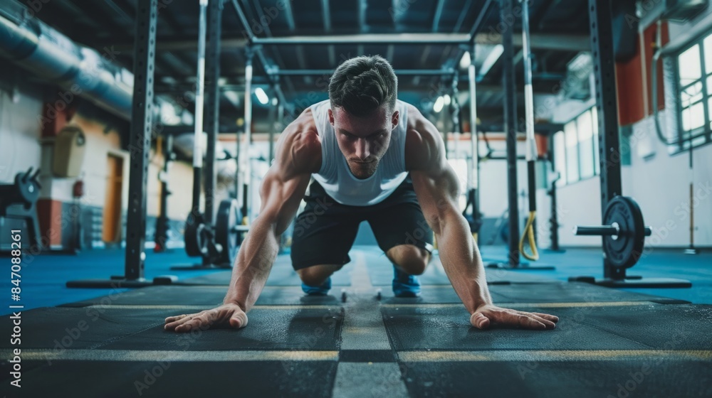 A man in a white tank top performs a low-impact exercise on a mat in a modern gym. A man in a white tank top performs a low-impact exercise on a mat in a modern gym.