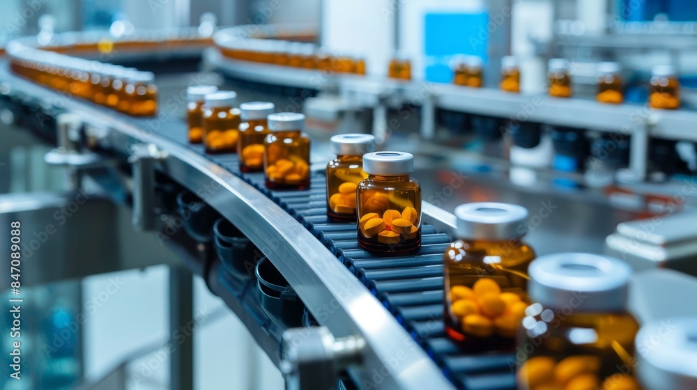 - Pharmaceutical industry production line conveyor carrying glass bottles and ampoules, representing the concept of the pharmaceutical industry. - Pharmaceutical industry production line conveyor carrying glass bottles and ampoules, representing the concept of the pharmaceutical industry.