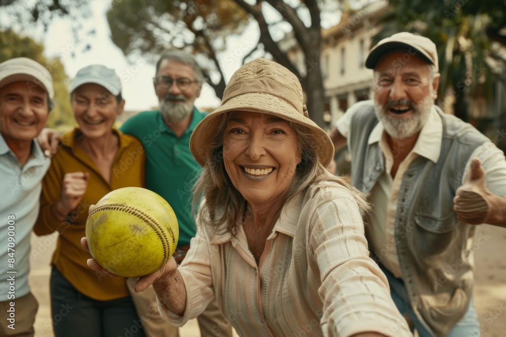 Group of senior friends having fun and playing baseball in the park. Group of senior friends having fun and playing baseball in the park.