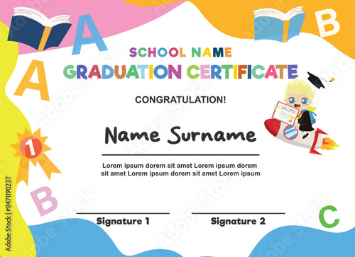 Kids Diploma background template, certificate of appreciation. Certificate of achievement in competition. Children in school, playschool, kindergarten, primary grade, summer camp. Colorful certificate