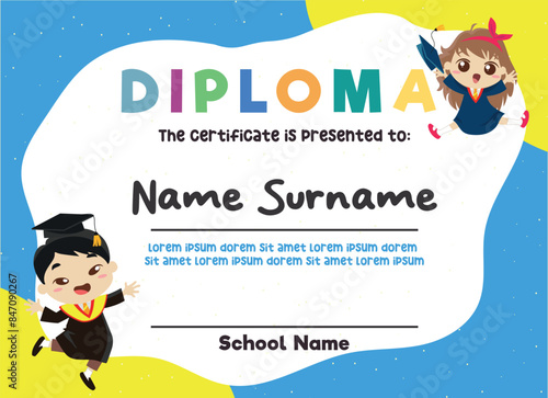 Kids Diploma background template, certificate of appreciation. Certificate of achievement in competition. Children in school, playschool, kindergarten, primary grade, summer camp. Colorful certificate