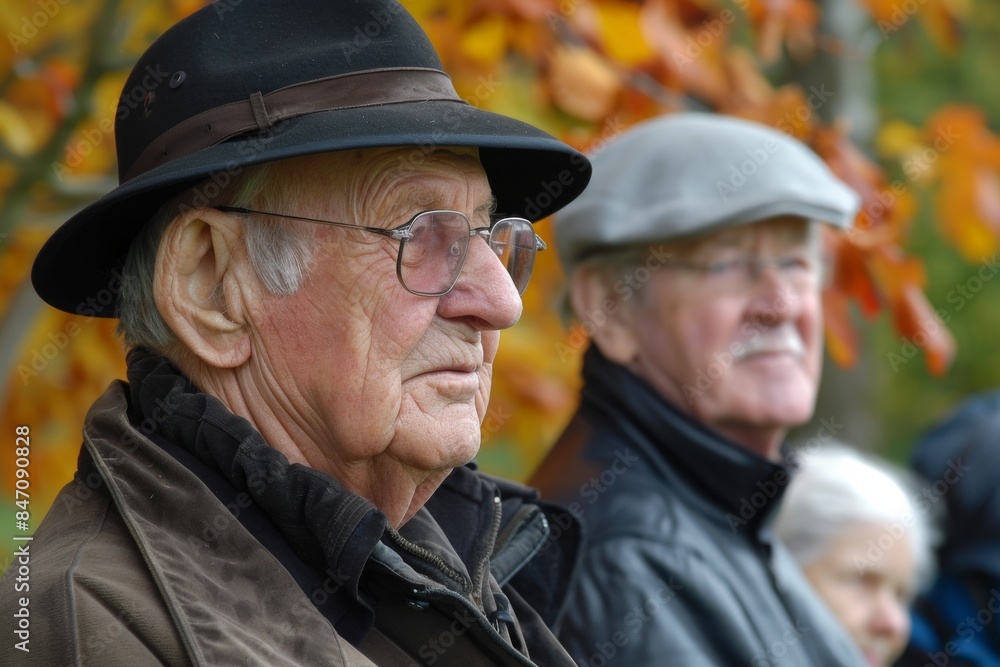 Portrait of an old man with a hat and glasses in an autumn park Portrait of an old man with a hat and glasses in an autumn park