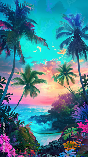 sinrise on the beach with palm trees