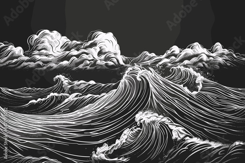 Monochrome Hand-Drawn Illustration of Ocean Waves in Motion