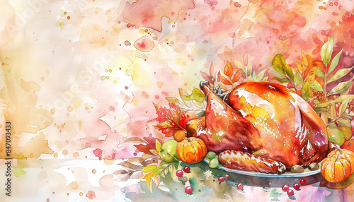 A painting of pumpkins and leaves with a white background