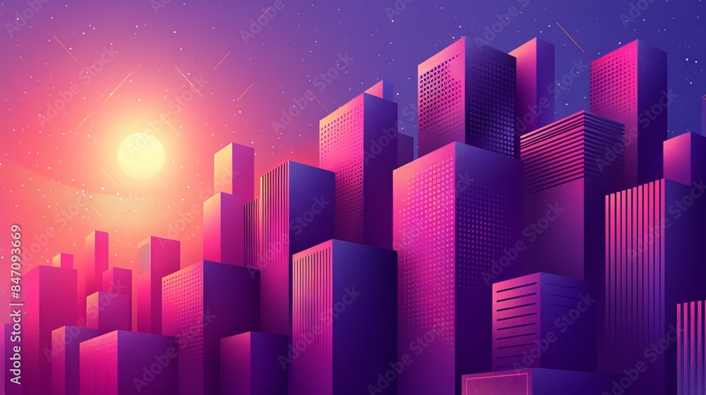 Illustration of a city with tall buildings done in neon shades of pink and purple. Rising or setting sun Illustration of a city with tall buildings done in neon shades of pink and purple. Rising or setting sun