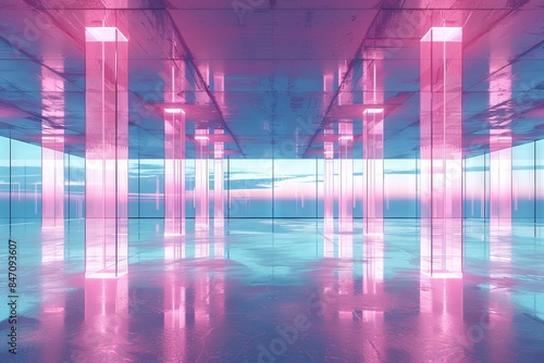 Futuristic interior with pink and blue light columns reflected on the glossy floor