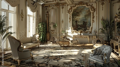 Rococo Salon Environment. AI generated art illustration.