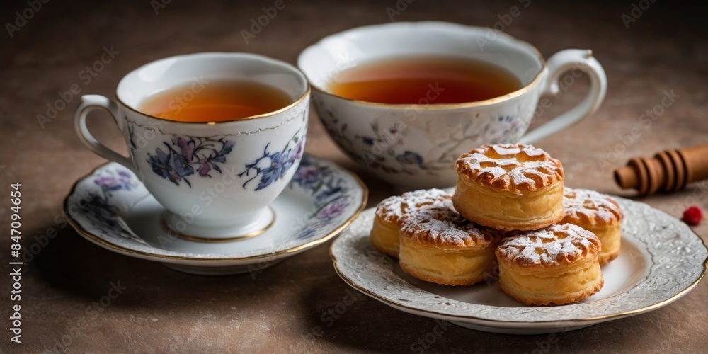 Two cups of tea with matching saucers accompanied by pastries on a rustic table Two cups of tea with matching saucers accompanied by pastries on a rustic table