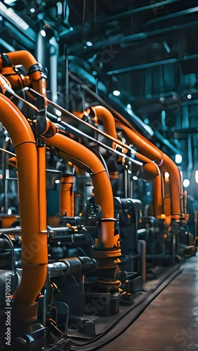 Industrial interior with a network of metal pipes and machinery, featuring blue and orange lighting photo